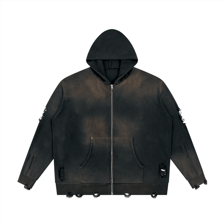 OPL Distressed Full Zip Sweater
